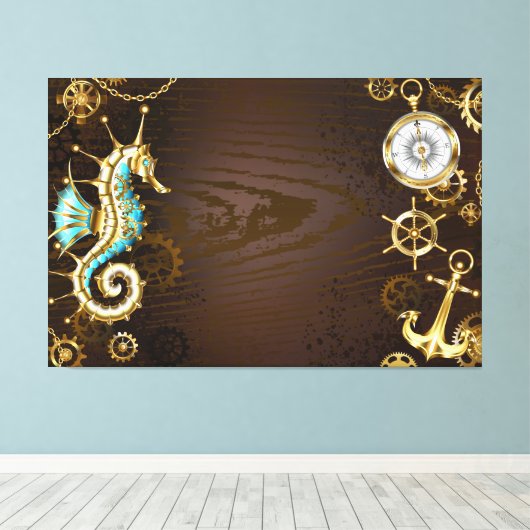 Achtergrond van hout met mechanische zeepaardjes canvas afdruk (Insitu (Houten vloer))