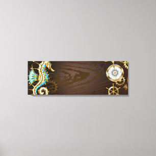 Achtergrond van hout met mechanische zeepaardjes canvas afdruk