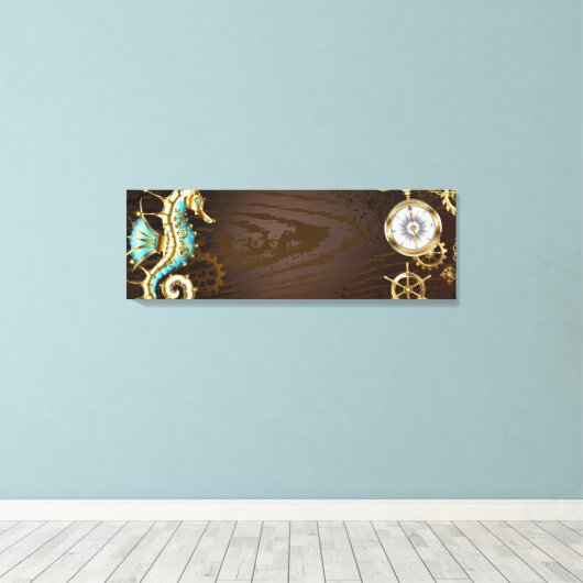 Achtergrond van hout met mechanische zeepaardjes canvas afdruk (Insitu (Houten vloer))