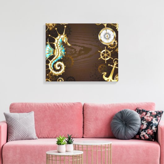 Achtergrond van hout met mechanische zeepaardjes canvas afdruk (Insitu (Woonkamer))