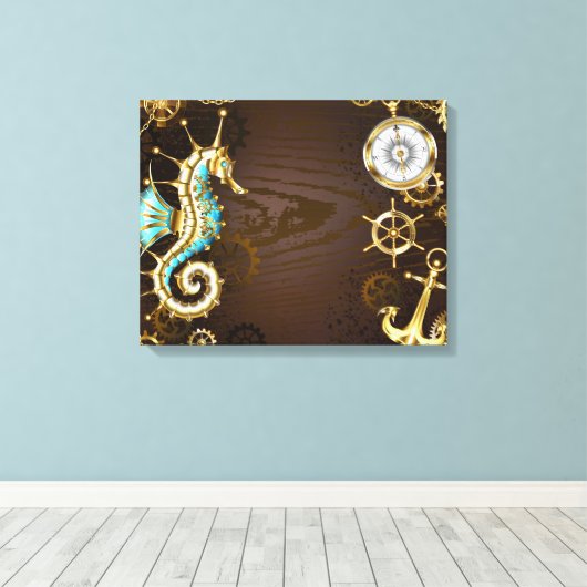 Achtergrond van hout met mechanische zeepaardjes canvas afdruk (Insitu (Houten vloer))