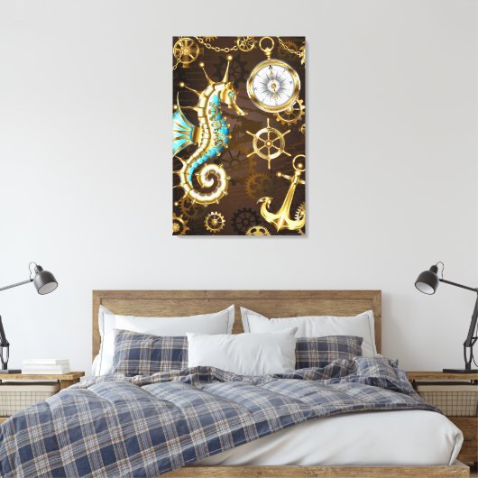 Achtergrond van hout met mechanische zeepaardjes canvas afdruk (Insitu (Slaapkamer))