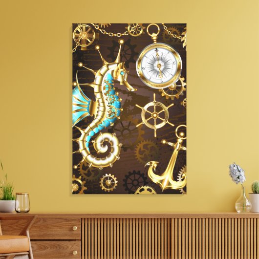 Achtergrond van hout met mechanische zeepaardjes canvas afdruk (Insitu (Woonkamer))