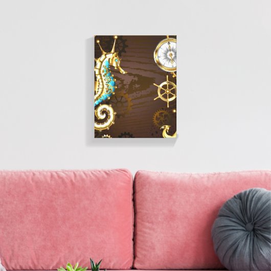 Achtergrond van hout met mechanische zeepaardjes canvas afdruk (Insitu (Woonkamer))