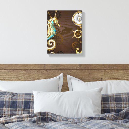 Achtergrond van hout met mechanische zeepaardjes canvas afdruk (Insitu (Slaapkamer))