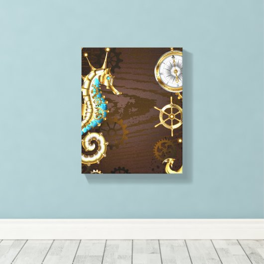 Achtergrond van hout met mechanische zeepaardjes canvas afdruk (Insitu (Houten vloer))