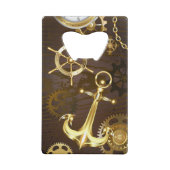 Achtergrond van hout met mechanische zeepaardjes creditkaart flessenopener (Achterkant)