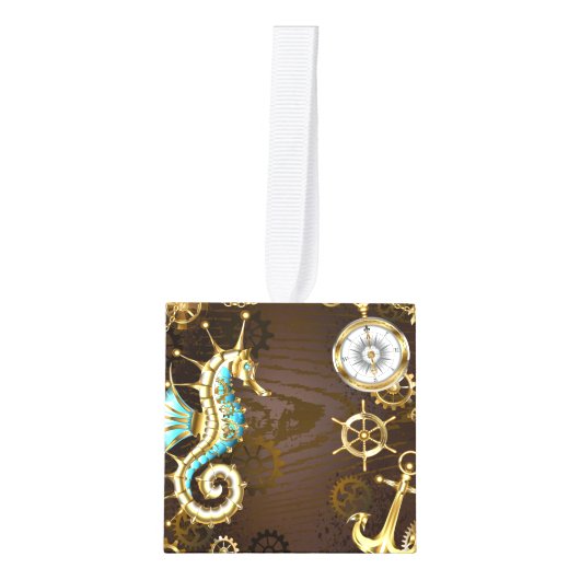 Achtergrond van hout met mechanische zeepaardjes decoratie (Voorkant)