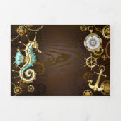 Achtergrond van hout met mechanische zeepaardjes drieluik uitnodiging (Cover)