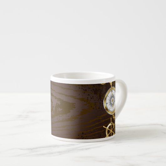 Achtergrond van hout met mechanische zeepaardjes espresso kop (Voorkant rechts)