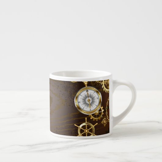 Achtergrond van hout met mechanische zeepaardjes espresso kop (Rechts)