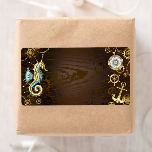 Achtergrond van hout met mechanische zeepaardjes etiket (Insitu)