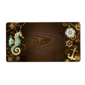 Achtergrond van hout met mechanische zeepaardjes etiket (Voorkant)