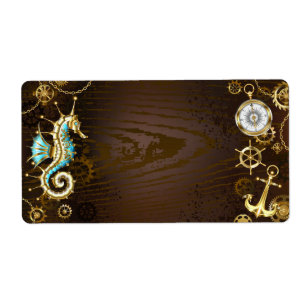 Achtergrond van hout met mechanische zeepaardjes etiket