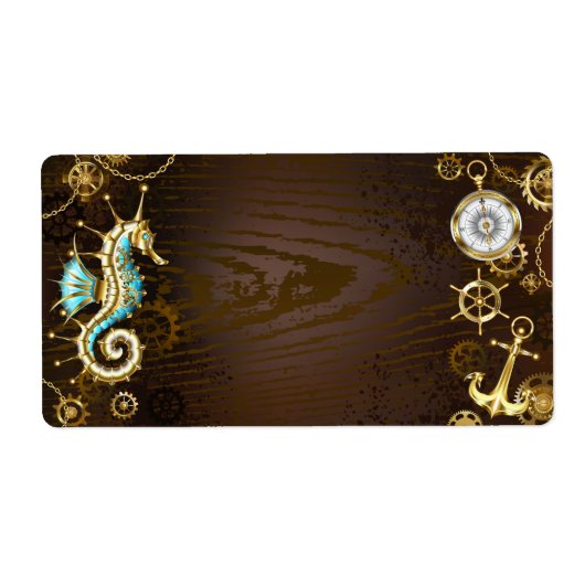 Achtergrond van hout met mechanische zeepaardjes etiket (Voorkant)