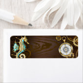 Achtergrond van hout met mechanische zeepaardjes etiket (Insitu)