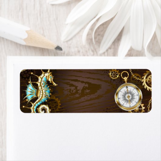 Achtergrond van hout met mechanische zeepaardjes etiket (Insitu)