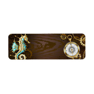 Achtergrond van hout met mechanische zeepaardjes etiket