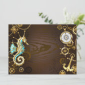 Achtergrond van hout met mechanische zeepaardjes feestdagenkaart (Staand voorkant)