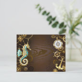 Achtergrond van hout met mechanische zeepaardjes feestdagenkaart (Staand voorkant)