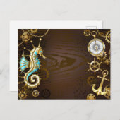 Achtergrond van hout met mechanische zeepaardjes feestdagenkaart (Voorkant / Achterkant)