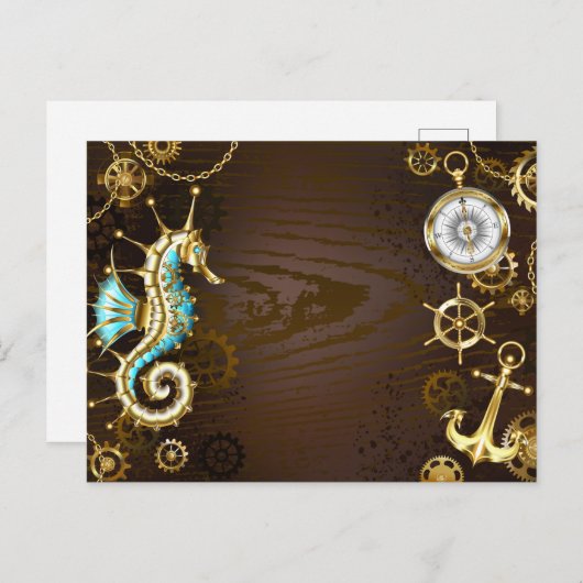 Achtergrond van hout met mechanische zeepaardjes feestdagenkaart (Voorkant / Achterkant)