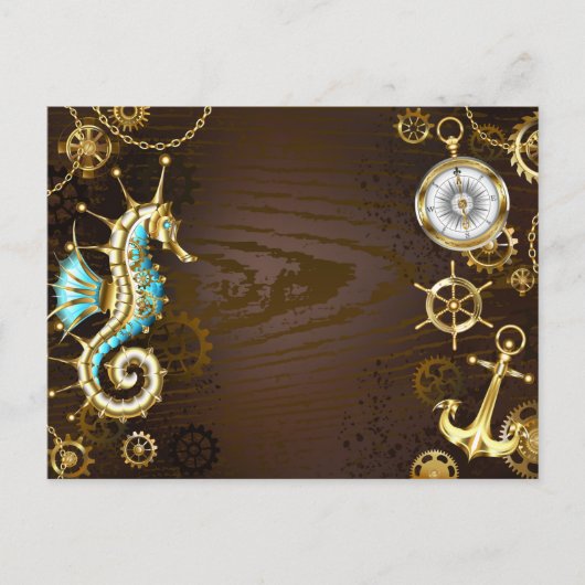 Achtergrond van hout met mechanische zeepaardjes feestdagenkaart (Voorkant)