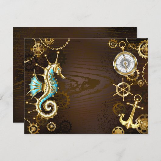 Achtergrond van hout met mechanische zeepaardjes feestdagenkaart (Voorkant / Achterkant)