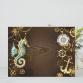 Achtergrond van hout met mechanische zeepaardjes feestdagenkaart (Staand voorkant)