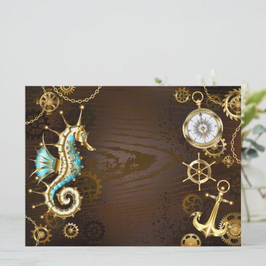 Achtergrond van hout met mechanische zeepaardjes feestdagenkaart (Staand voorkant)