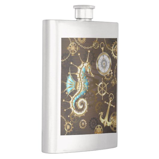 Achtergrond van hout met mechanische zeepaardjes flacon (Rechts)