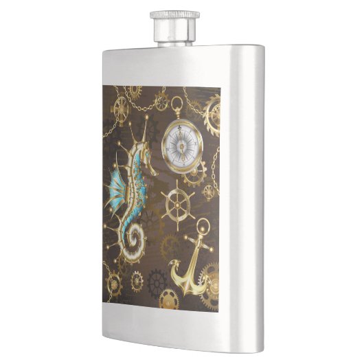 Achtergrond van hout met mechanische zeepaardjes flacon (Links)