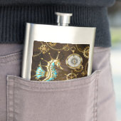 Achtergrond van hout met mechanische zeepaardjes flacon (Voorbeeld)