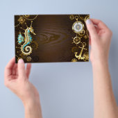 Achtergrond van hout met mechanische zeepaardjes flyer (Hand)