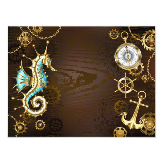 Achtergrond van hout met mechanische zeepaardjes foto afdruk (Voorkant)