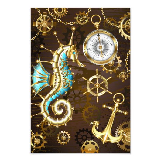 Achtergrond van hout met mechanische zeepaardjes foto afdruk (Voorkant)