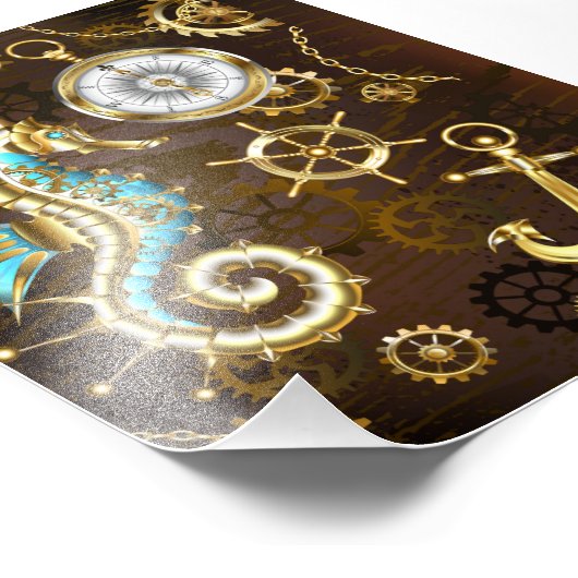 Achtergrond van hout met mechanische zeepaardjes foto afdruk (Hoek)