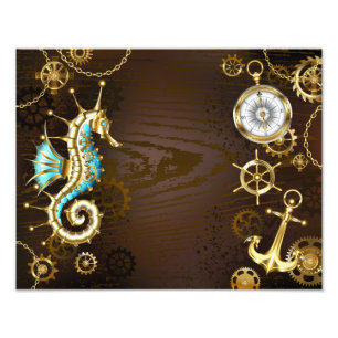 Achtergrond van hout met mechanische zeepaardjes foto afdruk