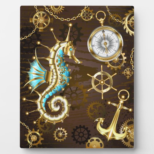 Achtergrond van hout met mechanische zeepaardjes fotoplaat (Voorkant)