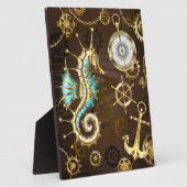 Achtergrond van hout met mechanische zeepaardjes fotoplaat (Zijkant)