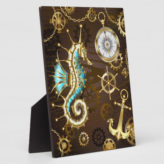 Achtergrond van hout met mechanische zeepaardjes fotoplaat (Zijkant)