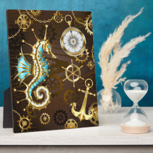 Achtergrond van hout met mechanische zeepaardjes fotoplaat