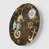 Achtergrond van hout met mechanische zeepaardjes grote klok (Hoek)