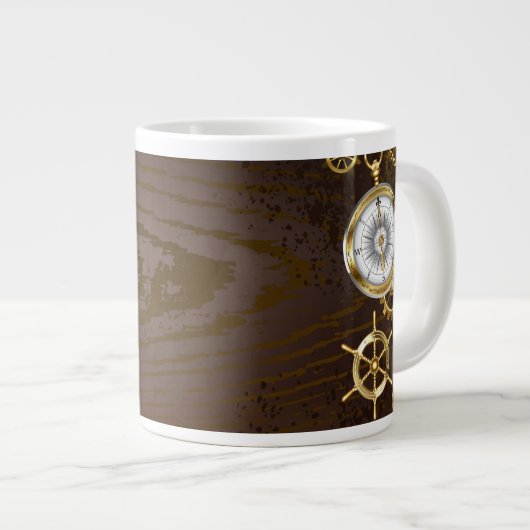 Achtergrond van hout met mechanische zeepaardjes grote koffiekop (Voorkant rechts)