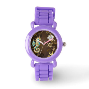 Achtergrond van hout met mechanische zeepaardjes horloge