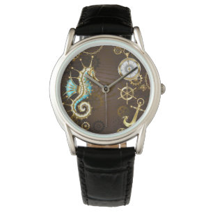 Achtergrond van hout met mechanische zeepaardjes horloge