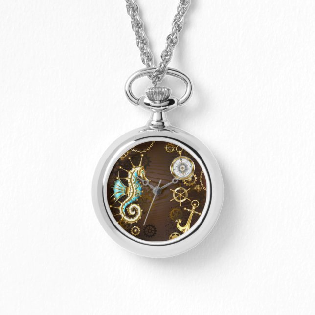 Achtergrond van hout met mechanische zeepaardjes horloge (Voorkant)