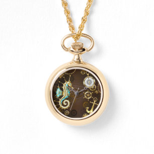 Achtergrond van hout met mechanische zeepaardjes horloge