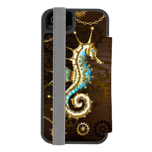 Achtergrond van hout met mechanische zeepaardjes incipio iPhone portemonnee hoesje (Agenda Achterkant)