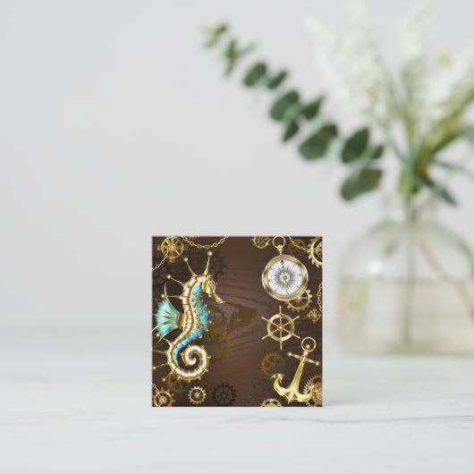 Achtergrond van hout met mechanische zeepaardjes informatiekaartje (Staand voorkant)